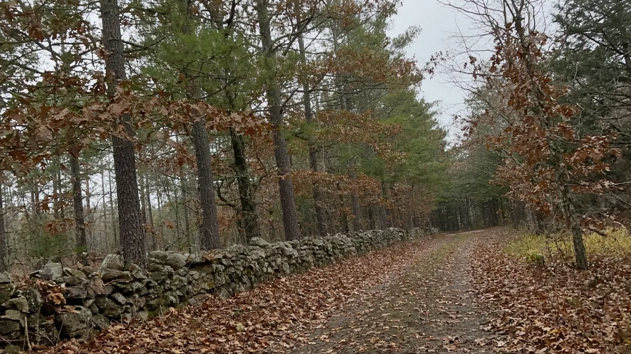 Stone wall and leaf-covered farm track through the woods near Norton