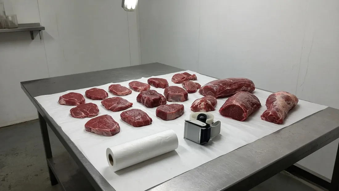 Trimmed venison steaks and roasts on butcher paper, ready to wrap